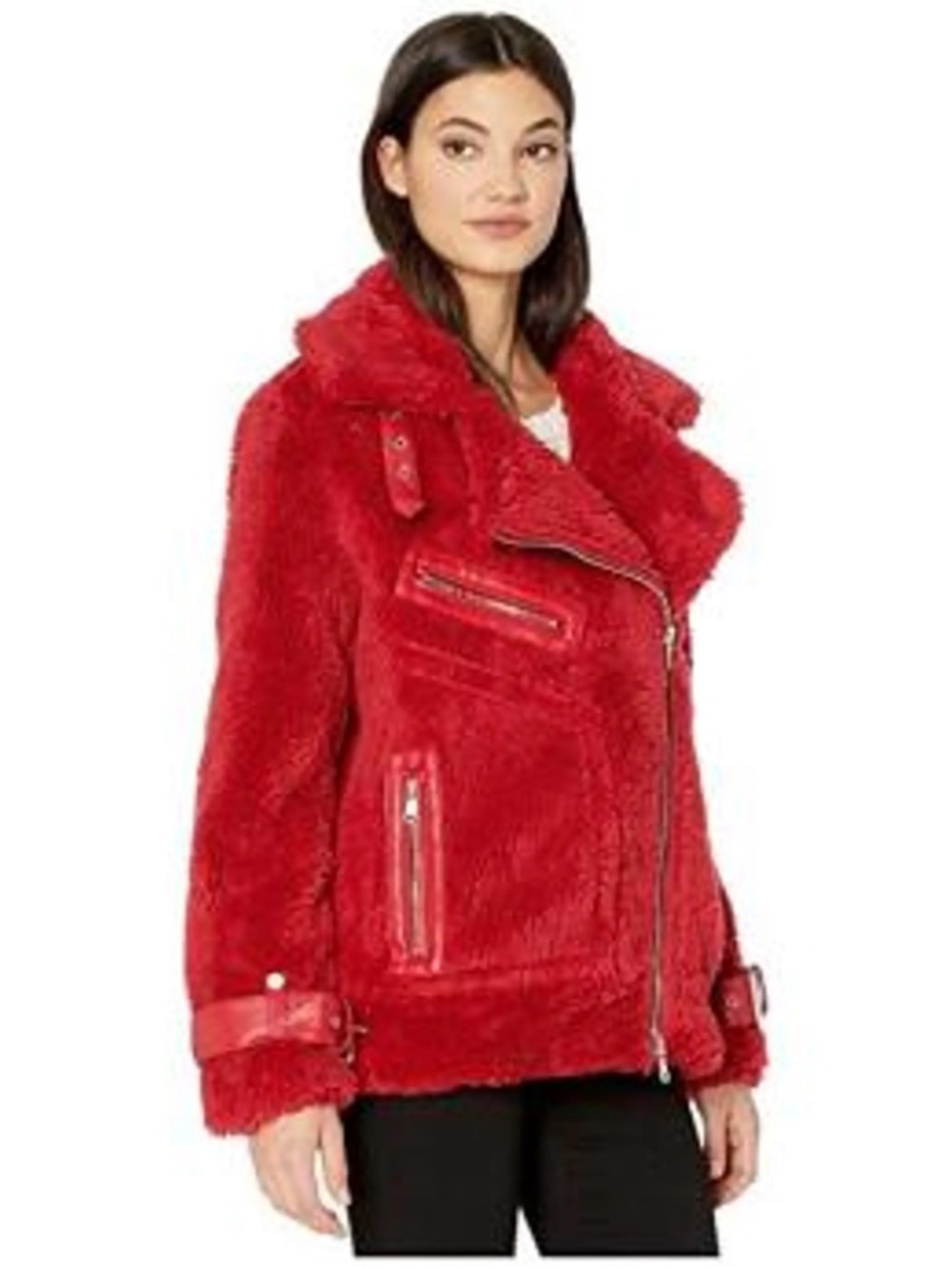 Avec Les Filles Red Faux Shearling Zipper Moto Jacket Sz M City Girl Mob Wife